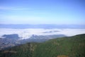 The landscape of high mountain fog covered forest. Royalty Free Stock Photo