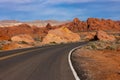 Landscape of a highway road through a desert at sunrise at Valley of Fire