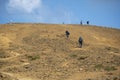 Landscape of hikers on hiking route to Fagradalsfjall Volcano eruption Iceland