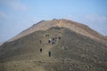 Landscape of hikers on hiking route to Fagradalsfjall Volcano eruption Iceland