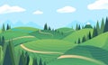 Landscape hill, mountain in the background, forest, green field, small river vector illustration Royalty Free Stock Photo