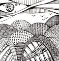 Landscape with hills. Black and white hand drawn vector illustration Royalty Free Stock Photo