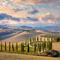 Landscape of hills, country road, cypresses trees - Italy Royalty Free Stock Photo