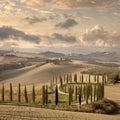 Landscape of hills, country road, cypresses - vintage Royalty Free Stock Photo