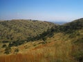 LANDSCAPE WITH HILLS COVERED WITH GRASS AND TREES WITH TWO DISTANT POWER PLANT STACKS