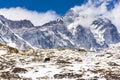 Landscape of Himalaya mountains with a lonely yak, around the region of the Everest base camp, Nepal. Royalty Free Stock Photo