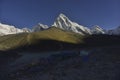 Landscape with the Himalayan mountains in the background on the way to the Everest base camp,