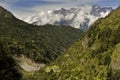 Landscape with the Himalayan mountains in the background on the way to the Everest base camp,