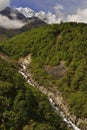 Landscape with the Himalayan mountains in the background on the way to the Everest base camp,