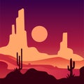 Landscape of sandy desert with rocky mountains and cactus plants. Natural scenery with sunset. Vector in gradient colors Royalty Free Stock Photo