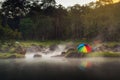 Landscape of hot springs with colorful umbrella on sunset scene., Natural steam of geothermal in national park., Travel