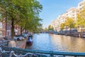 Landscape of house and boat in Amsterdams city Royalty Free Stock Photo