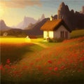 Landscape with house and flowery red fields against backdrop mountains. Vector Royalty Free Stock Photo