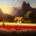 Landscape with house and flowery red fields against backdrop mountains. Vector Royalty Free Stock Photo