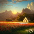 Landscape with house and flowery red fields against backdrop mountains. Vector Royalty Free Stock Photo