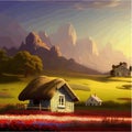 Landscape with house and flowery red fields against backdrop mountains. Vector Royalty Free Stock Photo