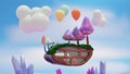 Landscape with house flying with baloons in the cloud. Green meadow, mushrooms and colored diamonds. Fantasy landscape 3d Render Royalty Free Stock Photo