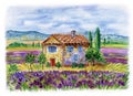 Landscape with a house and lavender fields against the backdrop of the mountains. Royalty Free Stock Photo