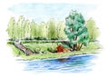 Landscape. House, tree and river.