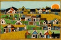 landscape with houses,field,sunrise, river,animals,birds, cars and people rendered in art Brut style