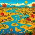 landscape with houses,field,sunrise, river,animals,birds, cars and people rendered in art Brut style