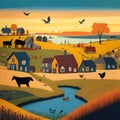 landscape with houses,field,sunrise, river,animals,birds, cars and people rendered in art Brut style