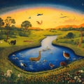 landscape with houses,field,sunrise, river,animals,birds, cars and people rendered in art Brut style