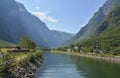 Landscape with houses, river and mountain norwegian fjords at viking village Gudvangen, Norway Royalty Free Stock Photo