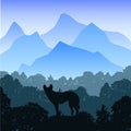 landscape howling wolf stands on a rock. Vector illustration of a black silhouette of a coyote on the background of