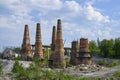 A landscape with huge cone-shaped brick chimneys of an abandoned factory gradually overgrown with forest