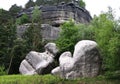 Landscape, huge stones against the background of rocks and green forest, interesting texture