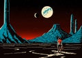Landscape with human looking at horizon with mountains, sci-fi scene on far plane with moonst. Retro futuristic