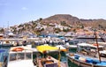 Landscape of Hydra island Saronic gulf Greece - traditional fishing boats at a small port