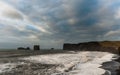 Landscape in Iceland Black Sand Beach With Ocean Water Waves and Stormy Clouds. Vik Vikurbraut Royalty Free Stock Photo