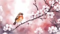 Landscape illustration of a bird sitting on a branch of a cherry blossom in watercolor style. Royalty Free Stock Photo