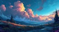 A cartoony night-time landscape with fluffy clouds and trees