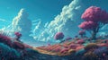 A cartoony vibrant landscape with fluffy clouds and trees