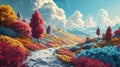 A cartoony vibrant landscape with fluffy clouds and trees