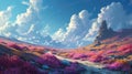 A cartoony vibrant landscape with fluffy clouds and trees