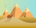 Landscape illustration, desert, Egyptian pyramids, camels and birds on a daylight background. Beige and brown colors. Royalty Free Stock Photo