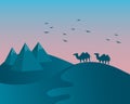 Landscape illustration, desert, Egyptian pyramids, camels and birds on sunset background. Blue and pink colors. Royalty Free Stock Photo