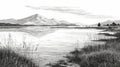 Black And White Landscape Drawing With Lake And Reeds Royalty Free Stock Photo