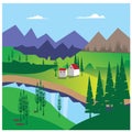 Landscape illustration green field, mountain house river. vector design background Royalty Free Stock Photo