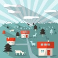 Landscape Illustration with Houses, Deers, Mountains and Forest Royalty Free Stock Photo