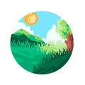 landscape illustration of mountain and green forest grass with bright sun blue sky in circle round shape Royalty Free Stock Photo