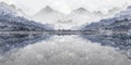 Landscape illustration of mountain view in snow storm, with refections on lake Royalty Free Stock Photo