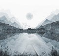 Landscape illustration of mountain view in snow storm, with reflections in lake Royalty Free Stock Photo