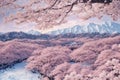 Landscape illustration pink flower tree river mountain Royalty Free Stock Photo