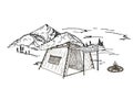 Landscape illustration in sketch style with tent, campfire, mountains, forest. Summer camp, nature tourism, camping or Royalty Free Stock Photo