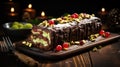 A traditional Christmas cake with dark chocolate, pistachios and berries.